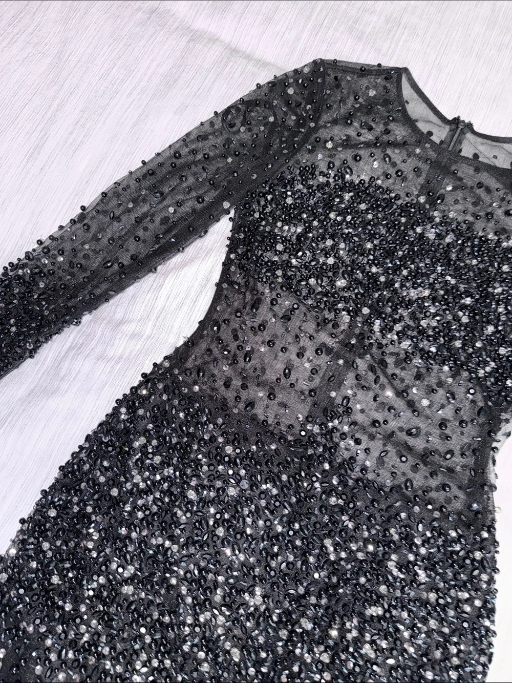 Black Beaded Sheer Mesh Long-Sleeve Mesh Mini Cocktail Dress - Picture 8 of 17